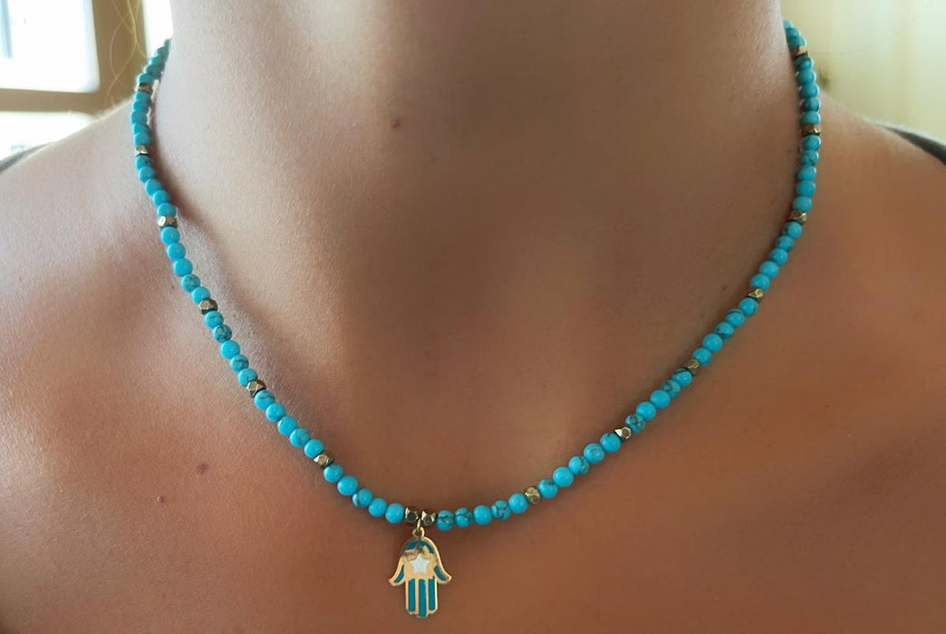 Turquoise Necklace With Enameled Khamsa